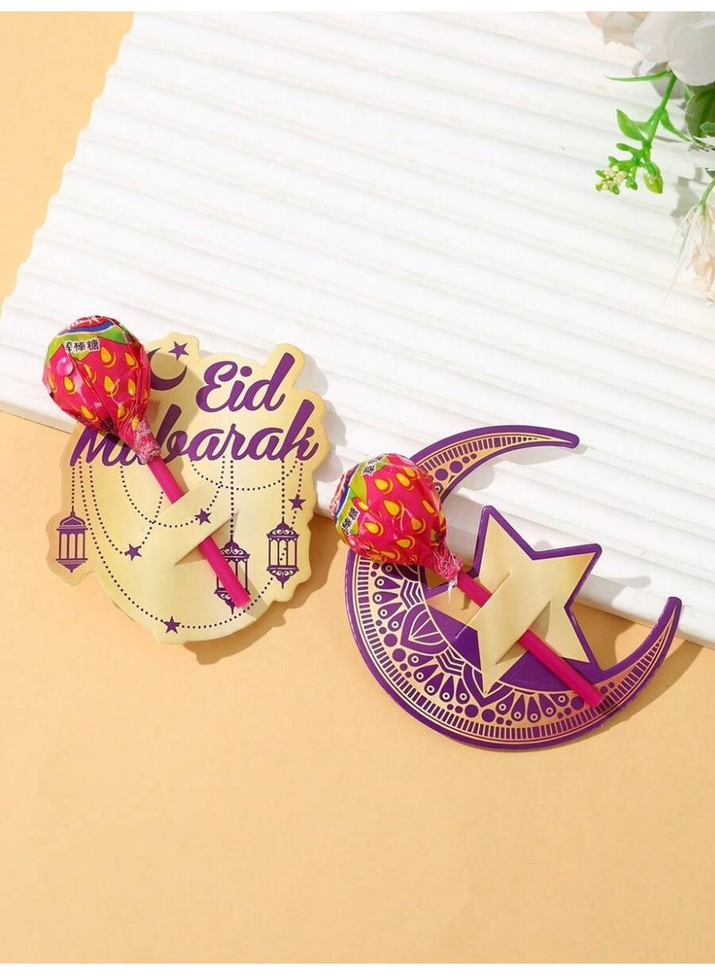 توزيعات العيد زينة العيد 24 بطاقة لولي بوب بتصميم عيد مبارك باللون البنفسجي والذهبي بطاقات تغليف هدايا وديكور طاولة حفلات العيد ورمضان و قرقيعان - Image 2